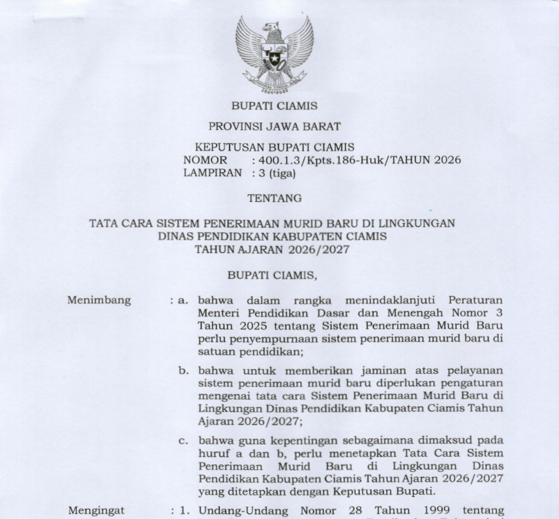 Keputusan Bupati Ciamis tentang Tata Cara SPMB Tahun Ajaran 2026/2027