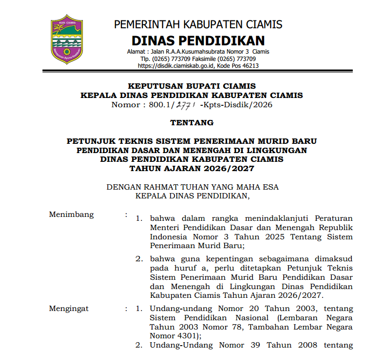 Petunjuk Teknis Sistem Penerimaan Murid Baru Pendidikan Dasar dan Menengah Tahun Ajaran 2026/2027