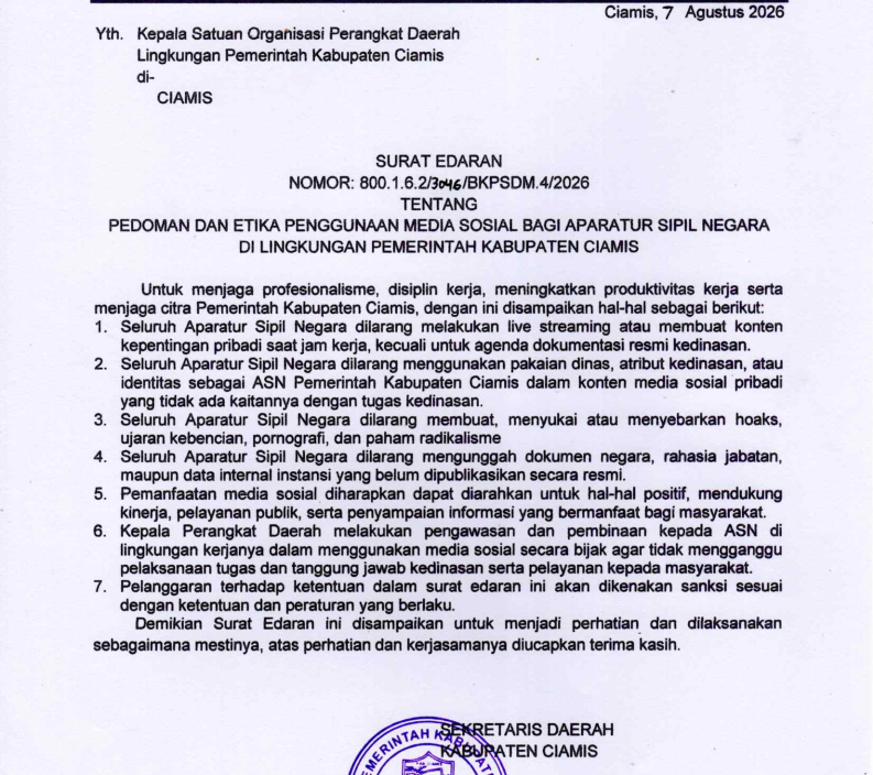 Surat Edaran Tentang Pedoman Dan Etika Penggunaan Media Sosial ASN Kab. Ciamis