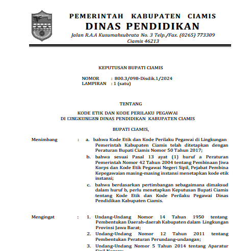 SK KODE ETIK DAN KODE PERILAKU PEGAWAI DINAS PENDIDIKAN KAB. CIAMIS
