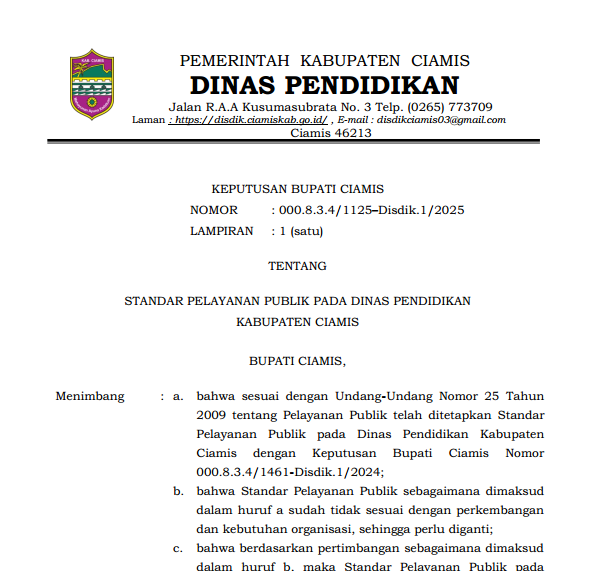 SK Standar Pelayanan Publik DISDIK 2025