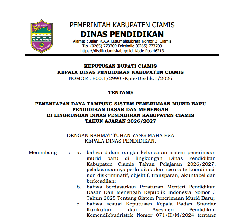 Penetapan Daya Tampung Sistem Penerimaan Murid Baru (SPMB) Pendidikan Dasar dan Menengah Tahun Ajaran 2026/2027