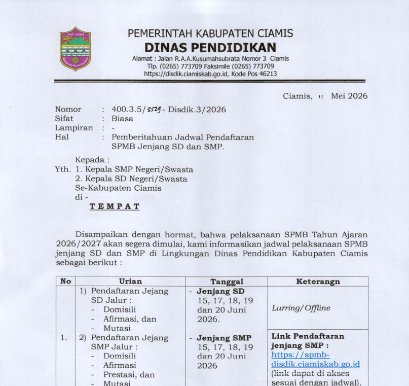 Pemberitahuan Jadwal SPMB SD dan SMP Tahun 2026 Kabupaten Ciamis Pemberitahuan Jadwal SPMB SD dan SMP Tahun 2026 Kabupaten Ciamis