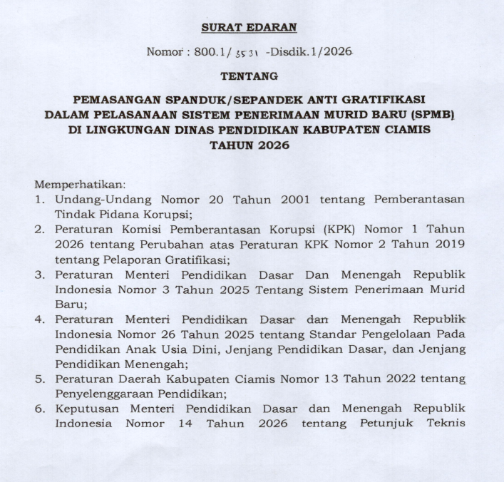 Pencegahan Gratifikasi SPMB 2026 SD dan SMP Kabupaten Ciamis Pencegahan Gratifikasi SPMB 2026 SD dan SMP Kabupaten Ciamis