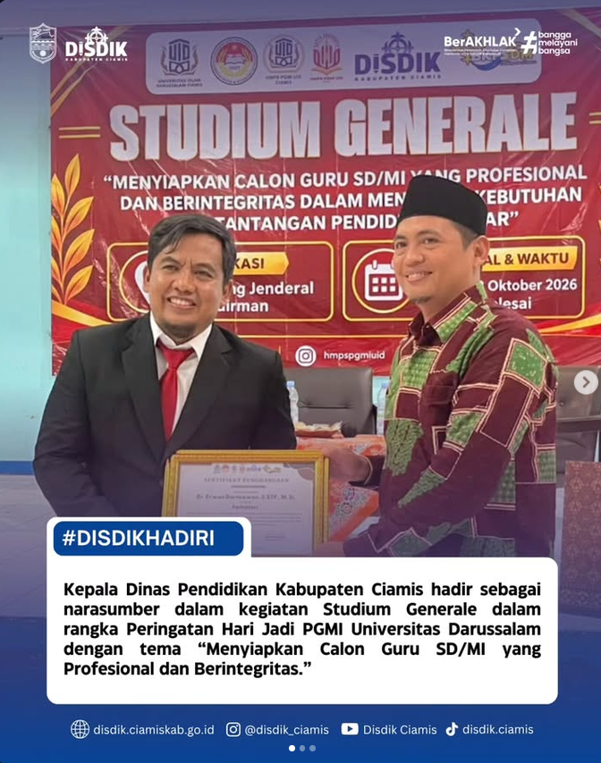 Kepala Dinas Pendidikan Kabupaten Ciamis Jadi Narasumber Studium Generale Hari Jadi PGMI Universitas Darussalam